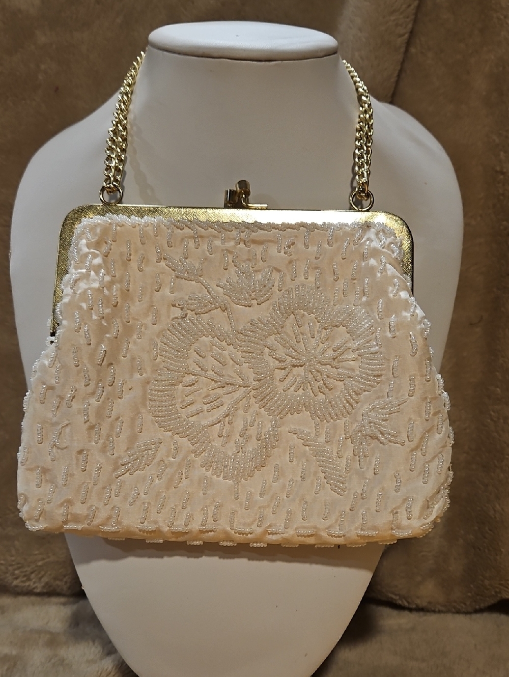 La Regale Ivory Beaded Floral Clutch with Gold Chain